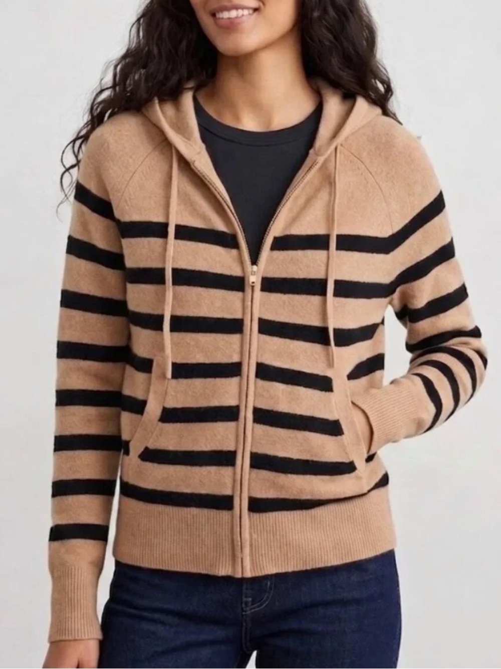 J. Crew Tan and Black Striped Zip-up Hoodie Sweater in Supersoft yarn